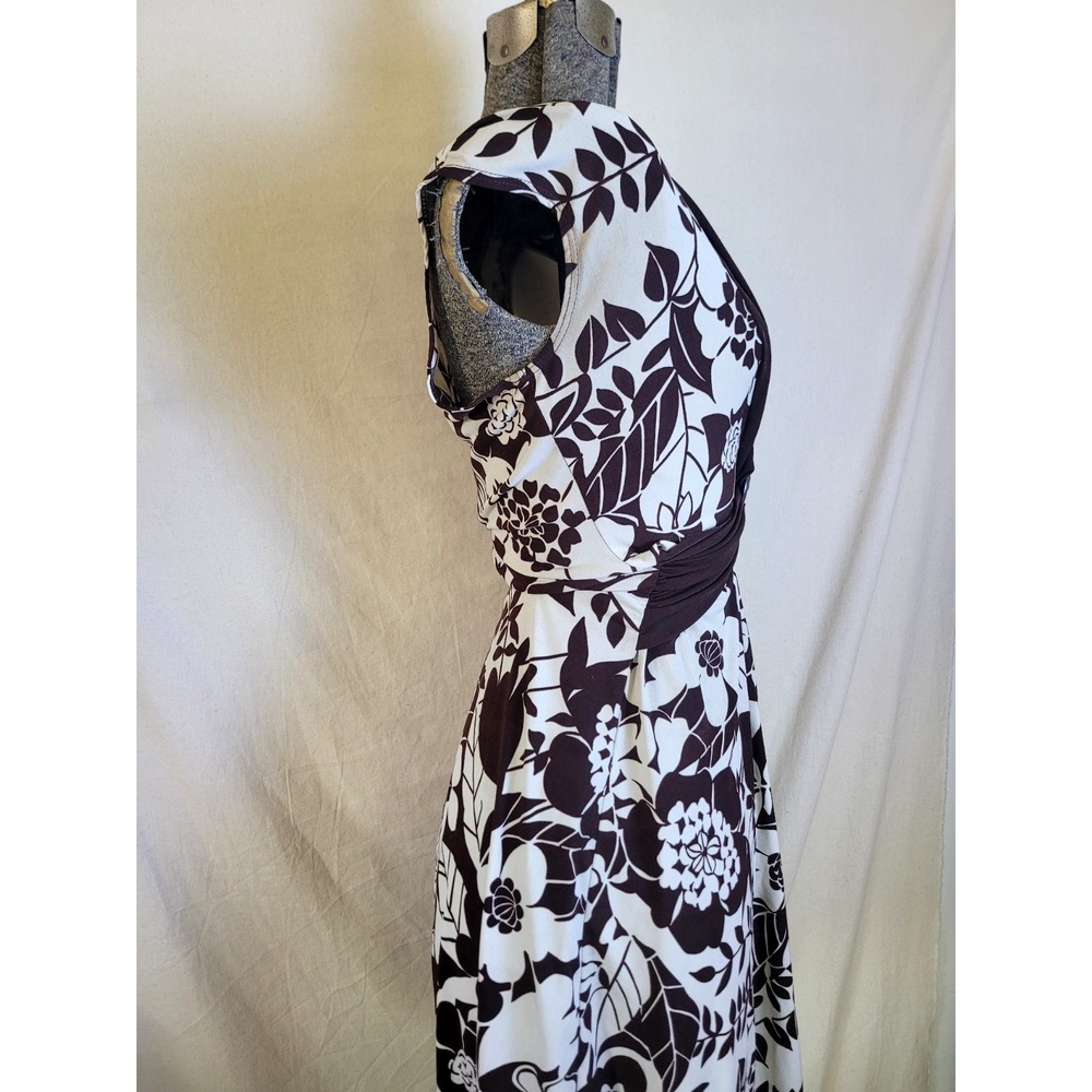 Vintage 90s Y2K Brown White Floral Dress La Belle Stretch Tropical S V Neck - Picture 4 of 12